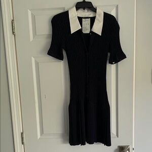 Rena Lange Navy and White Drop Waist Sheath Dress with Notched Collar